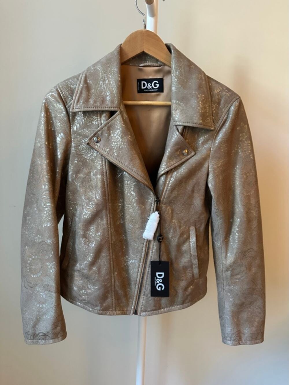 Dolce & Gabbana Gold Paisley Suede Moto Jacket, Size IT 40 (US 4)
